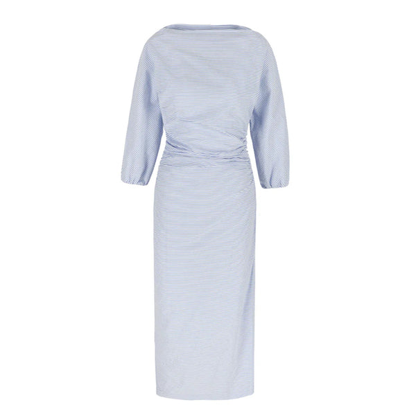 Ezra Dress in Blue and Ivory Striped Seersucker